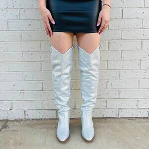 NEW LET'S SEE STYLE women's bring ya to your knees rhinestone boots in silver